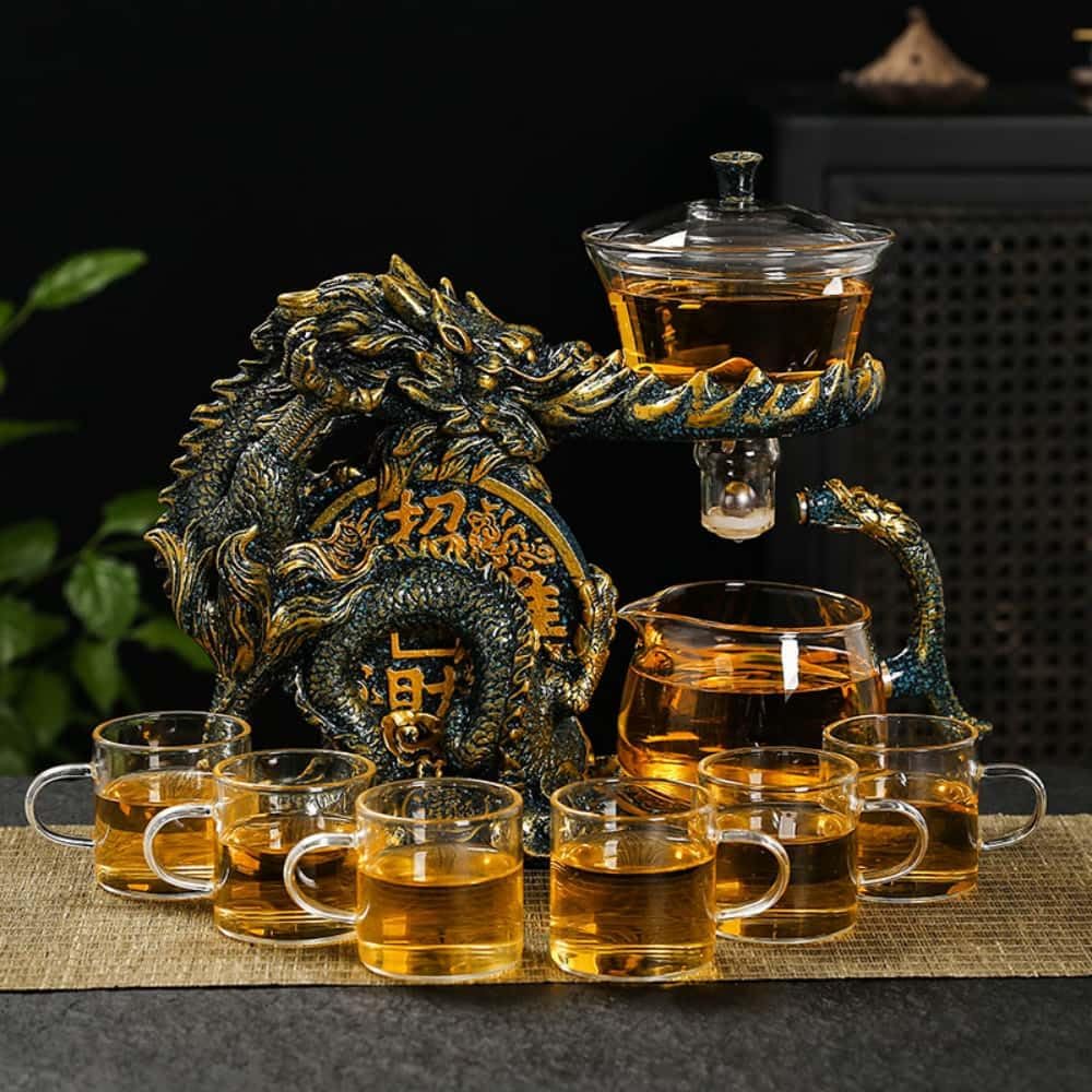 Glass Teapot Set with Infuser Semi Automatic Dragon Tea Set (Blue golden teapot)