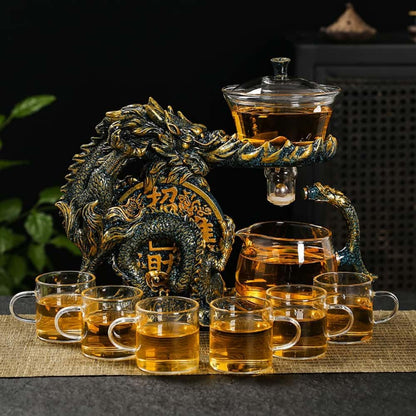 Glass Teapot Set with Infuser Semi Automatic Dragon Tea Set (Blue golden teapot)