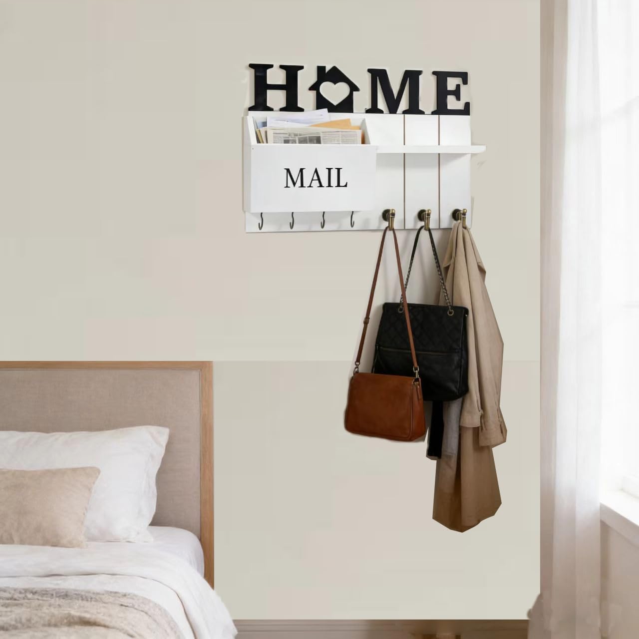 Rustic Wall Key Holder with Shelf & Hooks - Mail Organizer for Entryway | Wooden Key Rack for Keys, Coats, Dog Leash - Brown