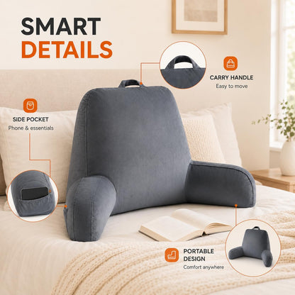 OAISZ Reading Pillow for Sitting in Bed with Shredded Memory Foam, Grey | 19-Inch Back Pillow for Sitting Up in Bed, Extended Arms, Side Pockets, Supportive Adjustable Pillow Removable Washable Cover