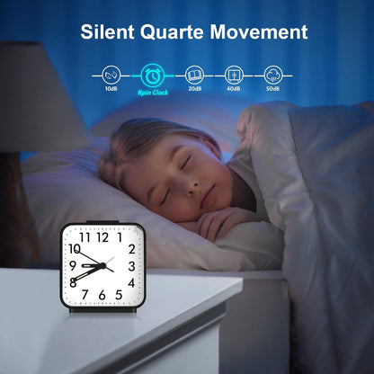 Analog Alarm Clock, Silent Non Ticking Table Clock, Travel Bedside Clock with Snooze, Night Light, Ascending Beep Sounds, Battery Operated Loud Small Clocks for Bedroom Travel Office, Black