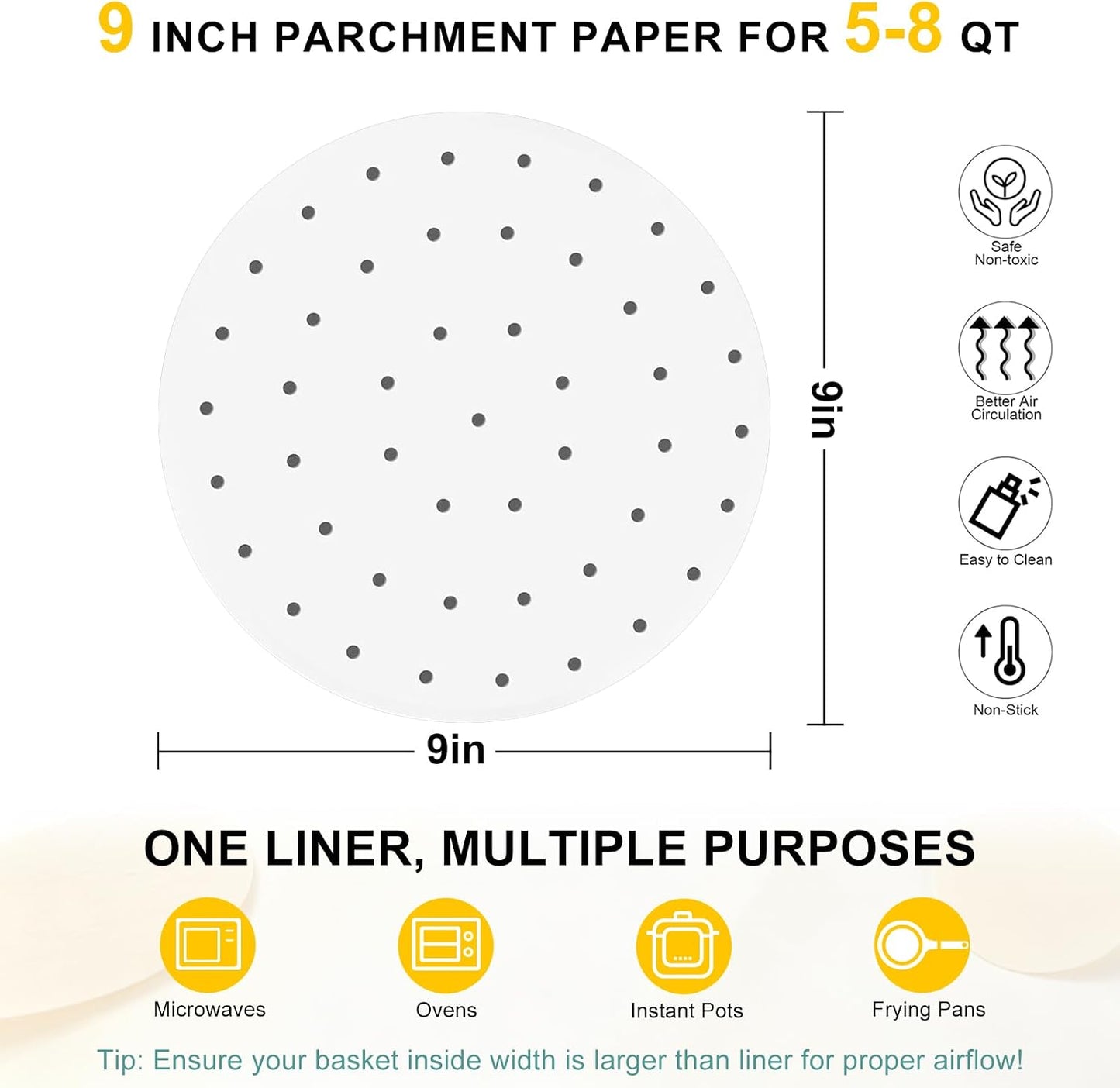 Air Fryer Parchment Paper Liners, 8 Inch 100 Pcs | Pre-Cut Non-Stick Unbleached Paper; Fits 3.5-6QT Air Fryers; Disposable And Durable; Microwave And Steaming Basket Safe