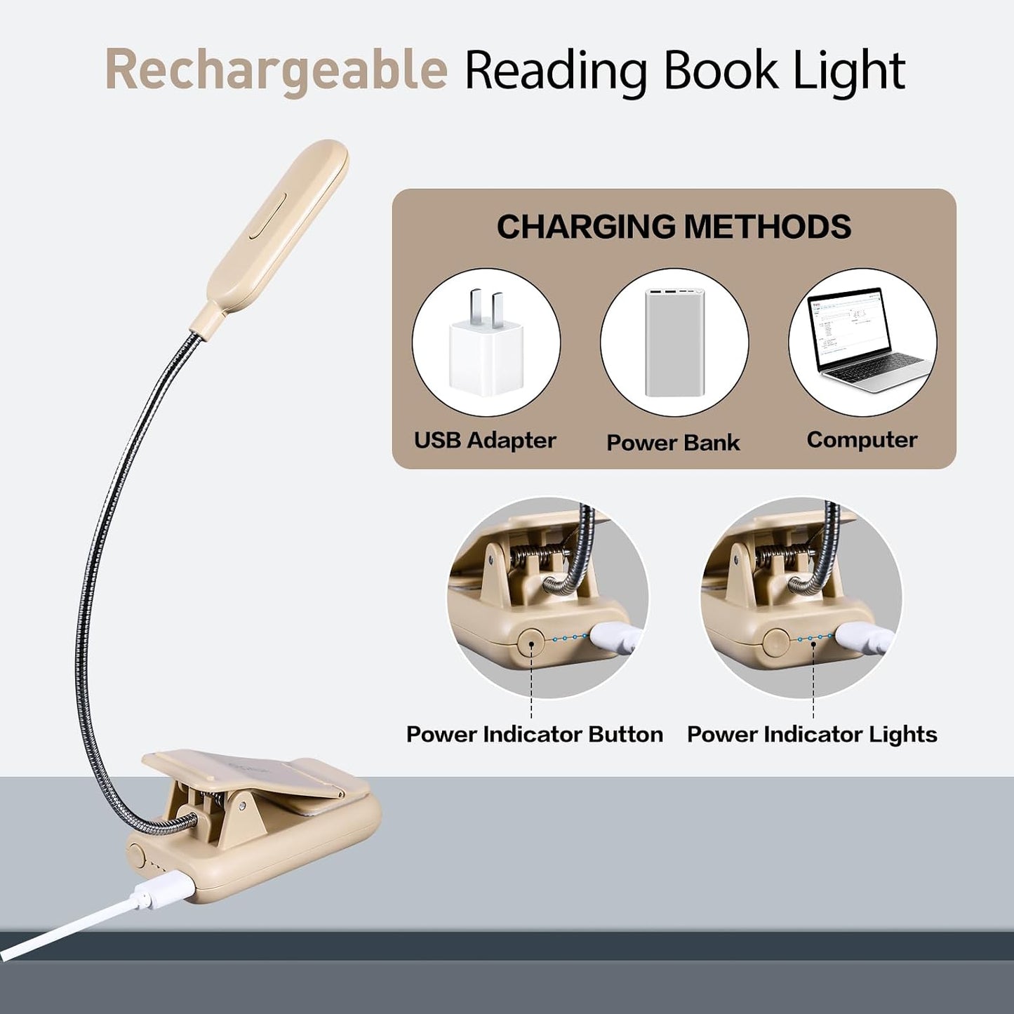 VAVOFO Rechargeable Book Light for Reading in Bed Kids, 7 LED Reading Light with 9-Level Warm Cool White Daylight, Eye Care Lamp with Power Indicator for Bookworms (Yellow)