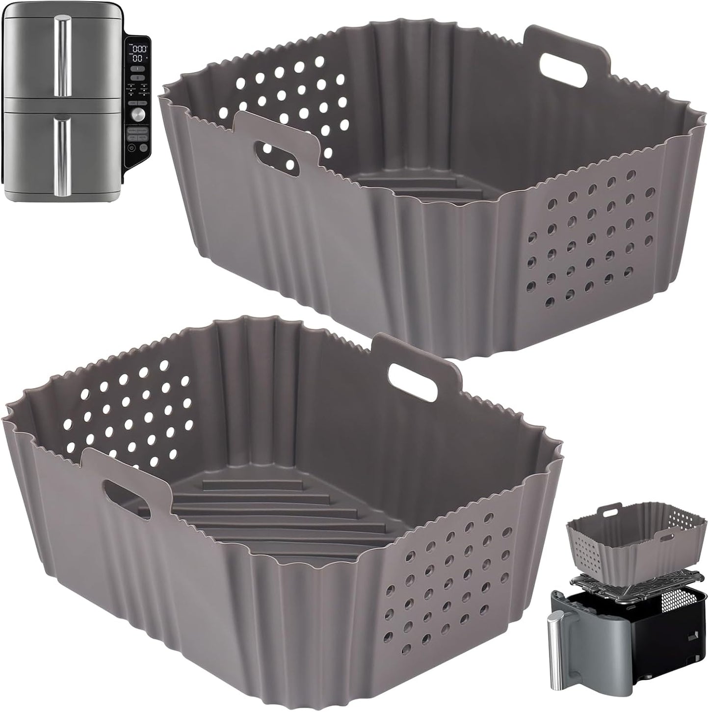 BYKITCHEN Silicone Air Fryer Liners for Ninja SL401 Double Stack 2 Basket Airfryer, Reusable Rectangle Perforated Silicone Liners for Dual Airfryer, Ninja DoubleStack XL Air Fryer Accessories