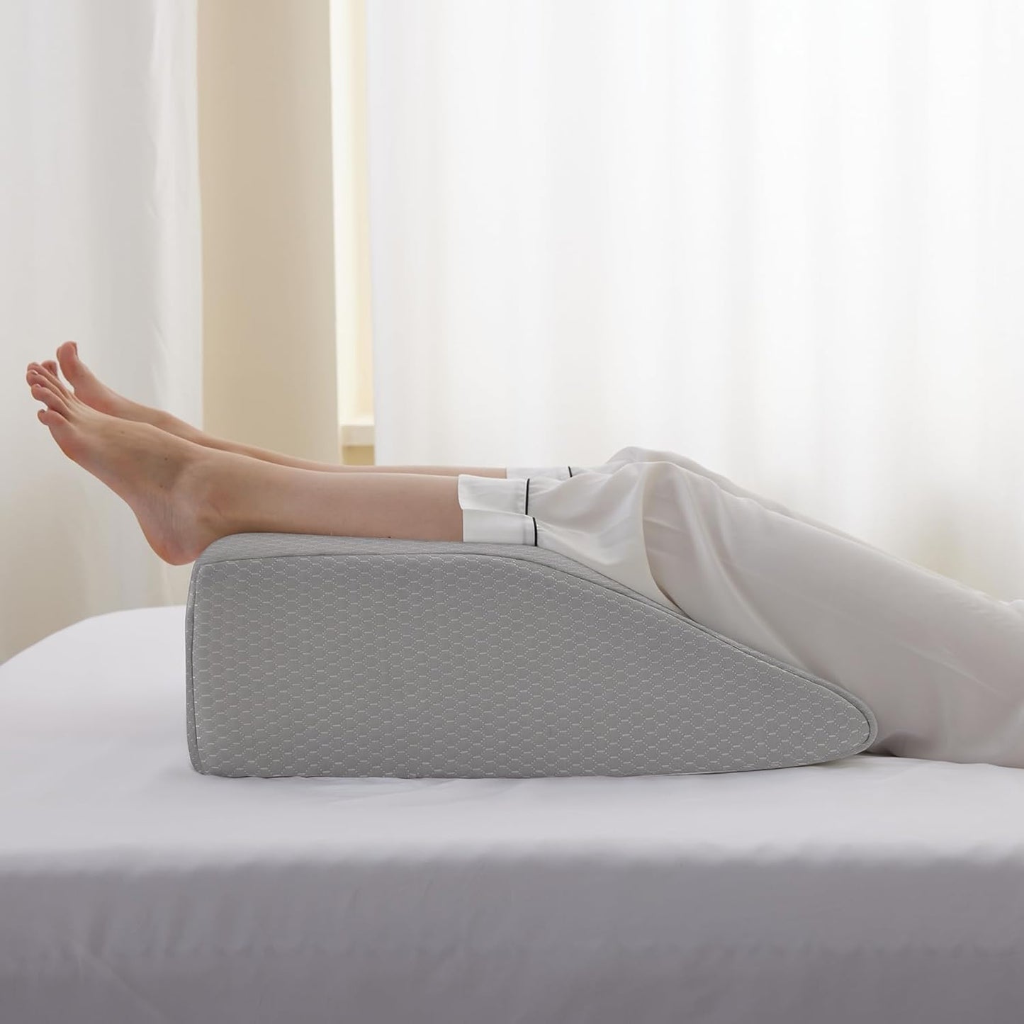 Bedluxe Leg Pillow Elevation Blood Circulation, Wedge Pillow for Legs Swelling, Leg Elevating Wedge Pillow for After Surgery, Foot Knee Pillow for Leg Rest, Sleeping, Memory Foam Top, 8in, White/Grey