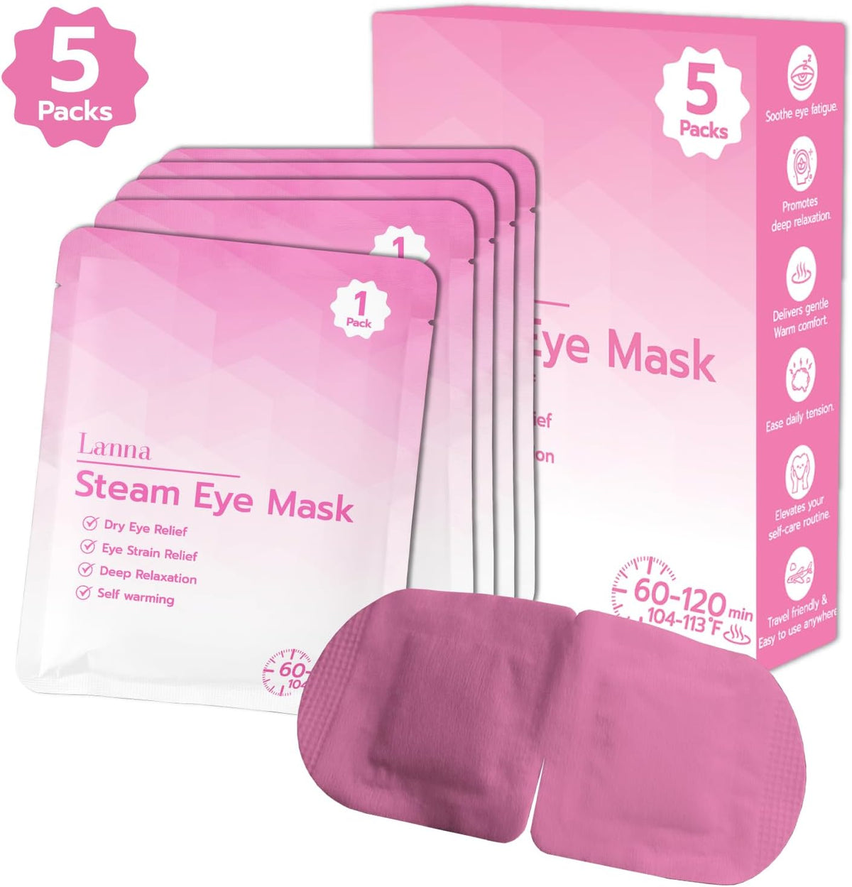 LANNA Heated Steam Eye Mask, Disposable 120 Minutes, Lavender Scent, 5 Pcs