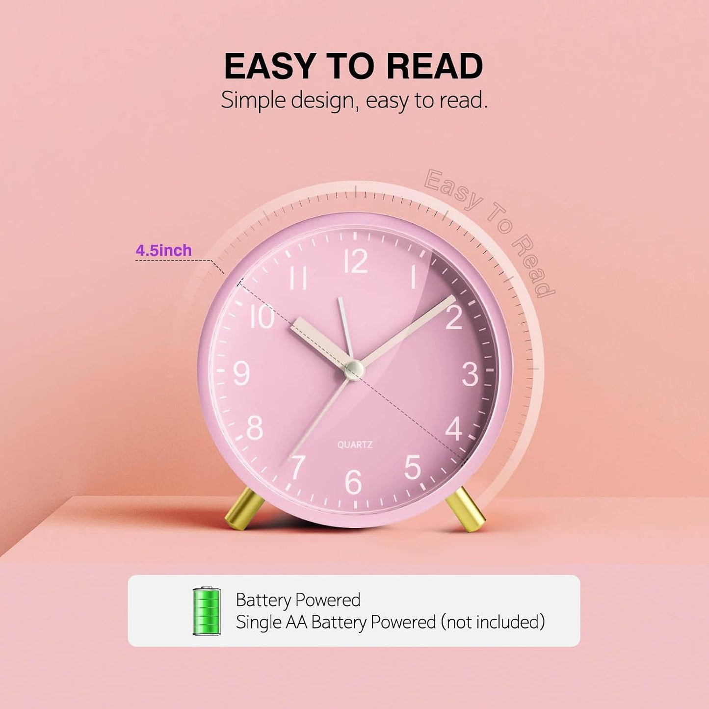 Back to School Silent Analog Quartz Alarm Clock for Kids Bedroom,Night Light, Battery Operated, Fashionable Round Metal
