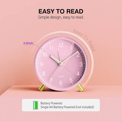 Back to School Silent Analog Quartz Alarm Clock for Kids Bedroom,Night Light, Battery Operated, Fashionable Round Metal
