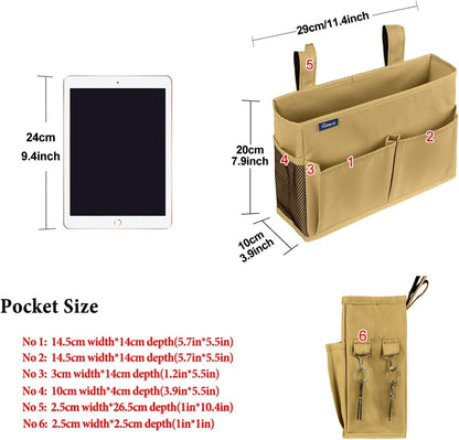 Surblue Bedside Caddy Hanging Organizer Storage Bag Pocket for Bunk, Hospital, College Dorm Rooms, Baby Bed Rails, Camp - 4 Pockets, 2 Hooks (Blue)