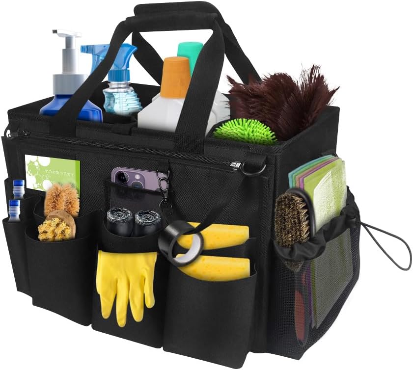 Qivine 17L Cleaning Caddy with Handle, Foldable Cleaning Supply Caddy(Blue) | Cleaning Caddy for Cleaning Supplies, Portable Cleaning Supplies Organizer with 6 Pockets, Cleaning Bucket for Kitchen Garden