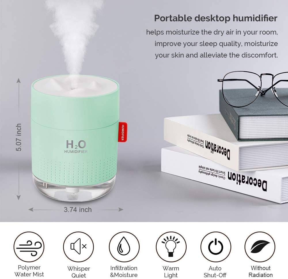Portable Mini Humidifier, 500ml Small Humidifier for Bedroom Travel, White | USB Personal Cool Mist Humidifier for Baby Room Office Desk Home Plants, Auto Shut-Off, 2 Mist Modes, Super Quiet