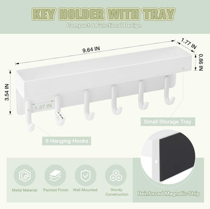 VIS'V Key Holder Wall Mount, Magnetic Key Rack with Tray, 6 Hooks, Black | 2 Mount Options, Metal Material, Compact Discreet Design, for Fridge, Kitchen, Entryway, Hallway, Doorway, Garage, Camper