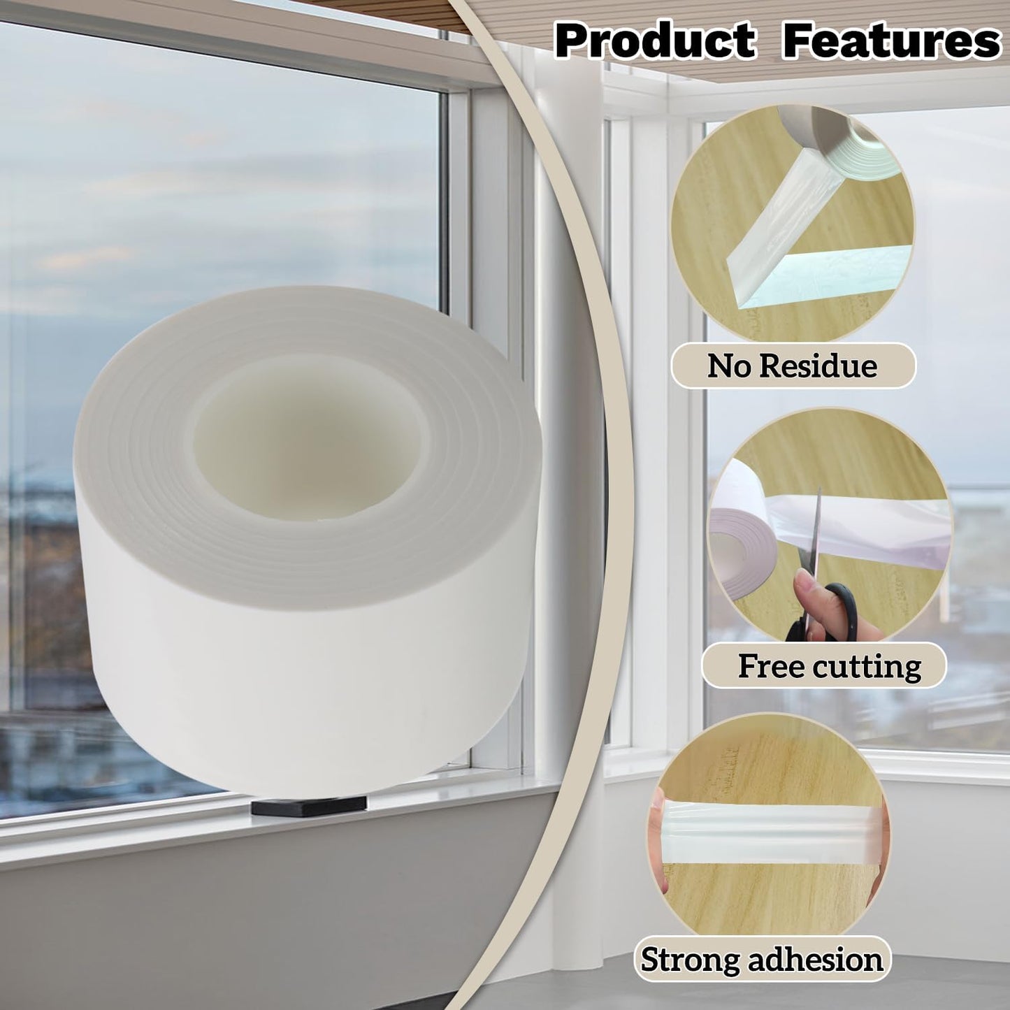 Window Sealing Tape 2 Inch x 33 FT Transparent Window Draft Insulation Residue-Free Clear Weather Stripping Caulk Tape Windproof Weatherproof Window Seal AC Units for Window Glass, Doors Gaps