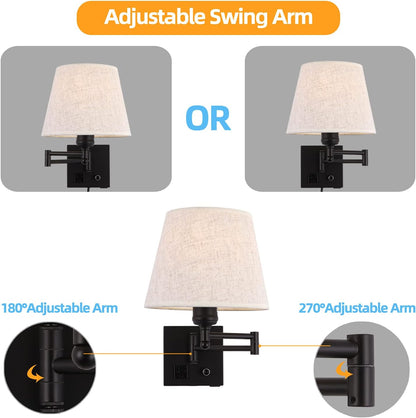 Bedside Wall Mount Light with Dimmable Switch and Outlet, Swing Arm Fabric Shade Wall Sconce Light with USB Port and Plug in Cord, Black Wall Lamp for Bedroom, Living Room and Hotel