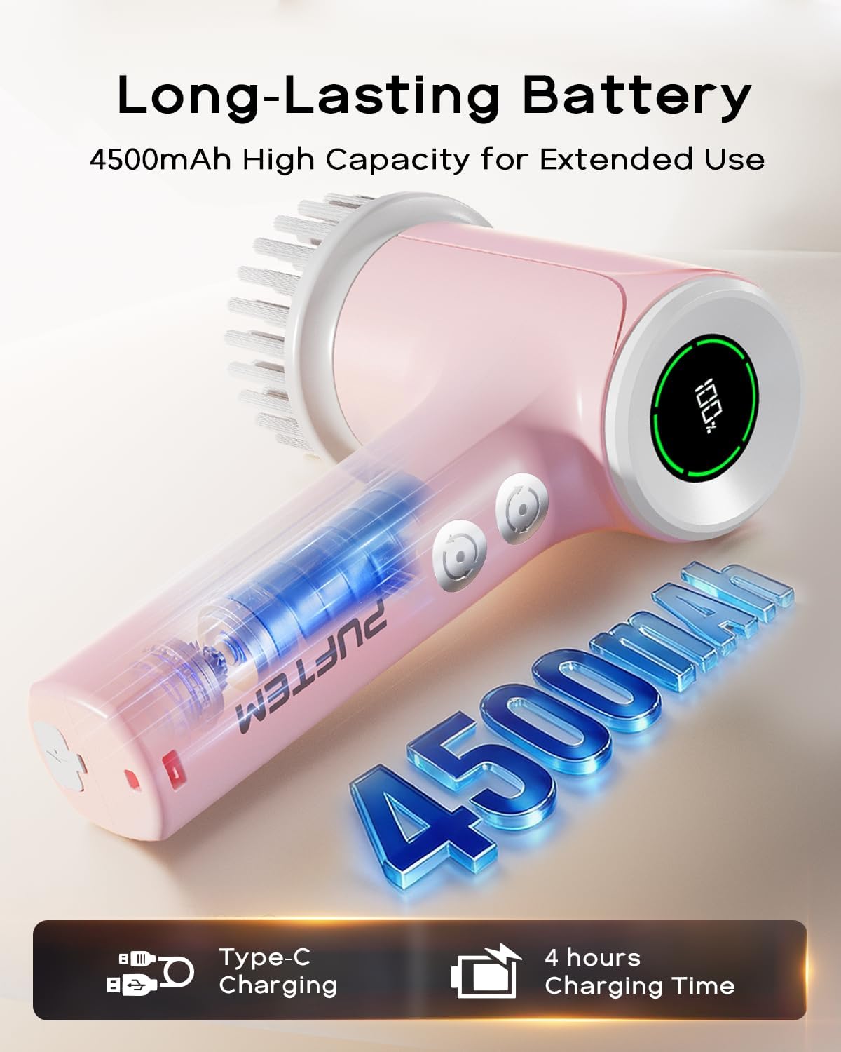 PUFTEM Electric Shower Scrubber, Cordless Bathroom Scrubber, Dual Direction | Dual Direction Cleaning, 6 Replaceable Brush Heads, IPX7 Waterproof, Kitchen, Grout, Tile, Tub, Sink and Corner Cleaning