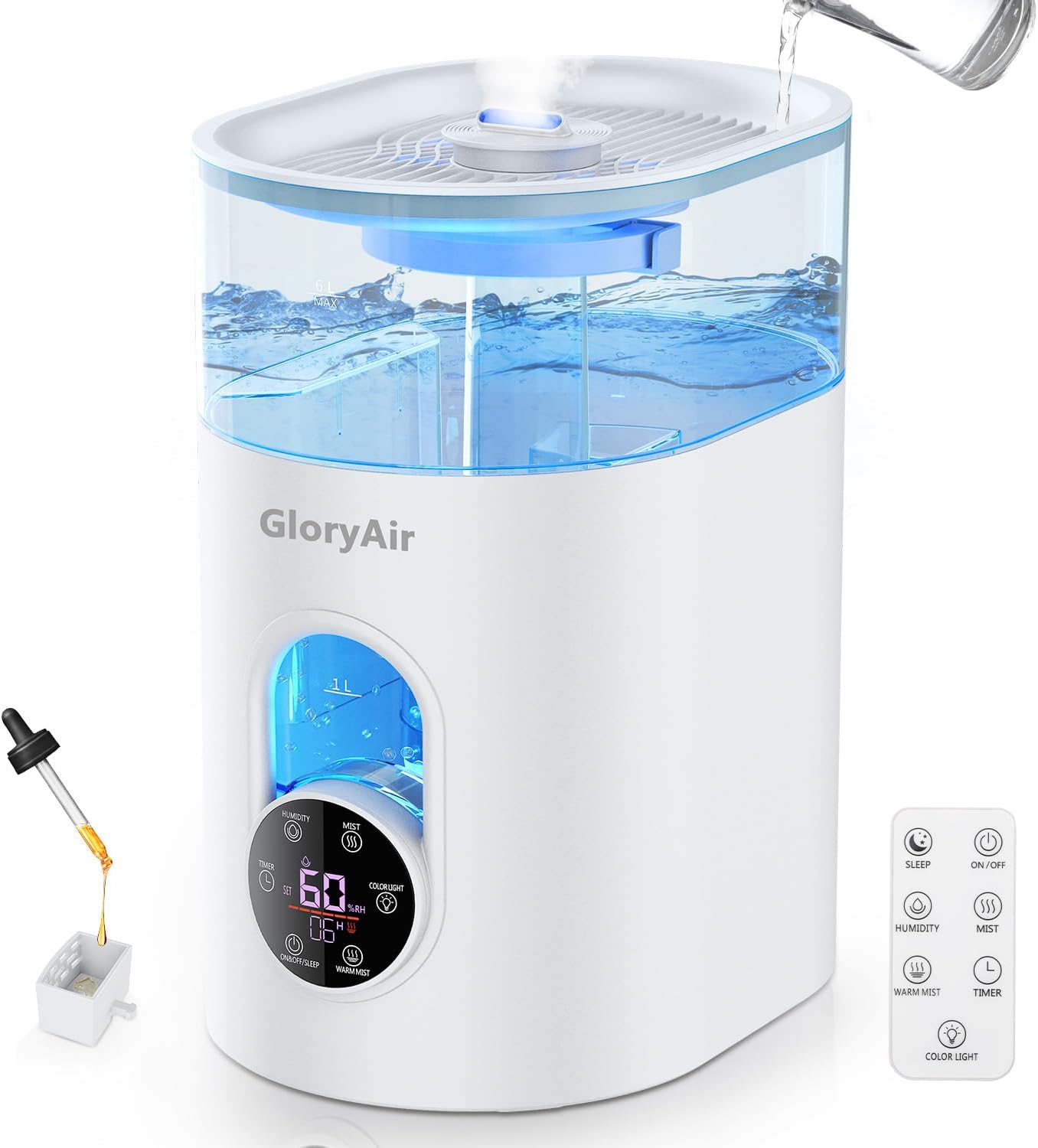 Humidifiers for Bedroom Large Room -GloryAir 6L Cool & Warm Mist Humidifier | Top Fill Design, Smart Humidity Control, Remote, 7-Color Light, Whisper-Quiet, Essential Oil Diffuser for Home & Plants,White