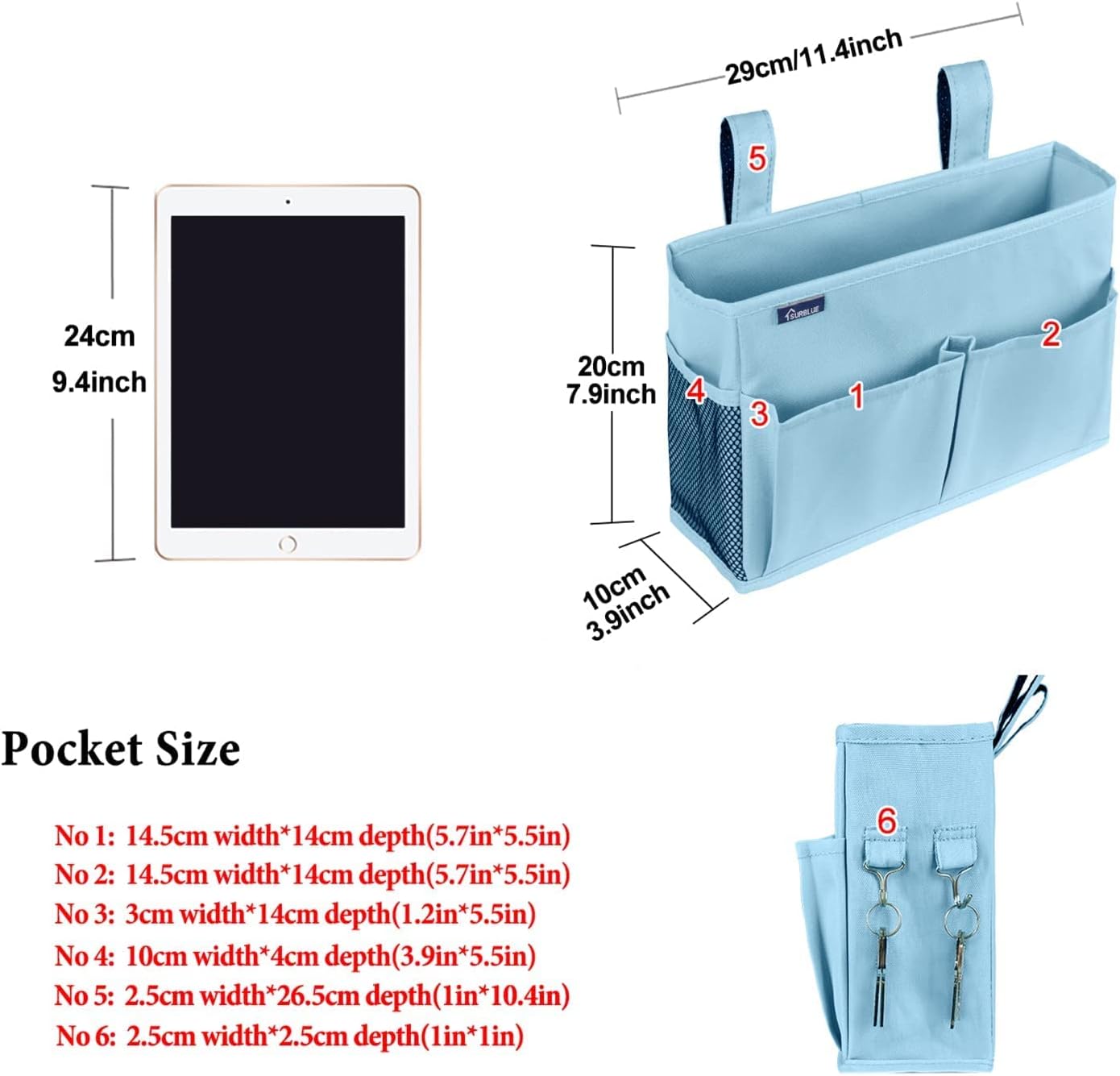 Surblue Bedside Caddy Hanging Organizer Storage Bag Pocket for Bunk, Hospital, College Dorm Rooms, Baby Bed Rails, Camp - 4 Pockets, 2 Hooks (Blue)