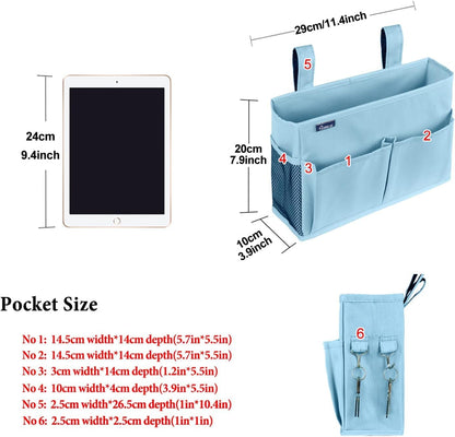 Surblue Bedside Caddy Hanging Organizer Storage Bag Pocket for Bunk, Hospital, College Dorm Rooms, Baby Bed Rails, Camp - 4 Pockets, 2 Hooks (Blue)