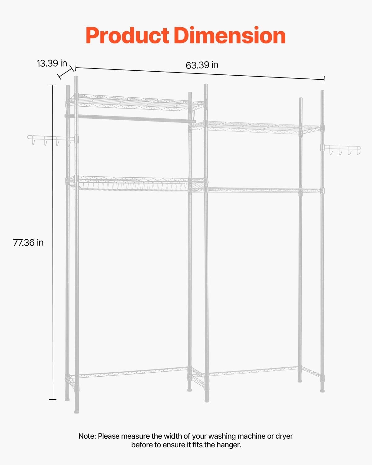 VEVOR Over The Washer and Dryer Storage Shelf, 3 Tier Laundry Room Drying Rack with Hanger Rod and Hooks, Adjustable Over Washer and Dryer Shelves, Laundry Room Shelf Storage Space Saver, White