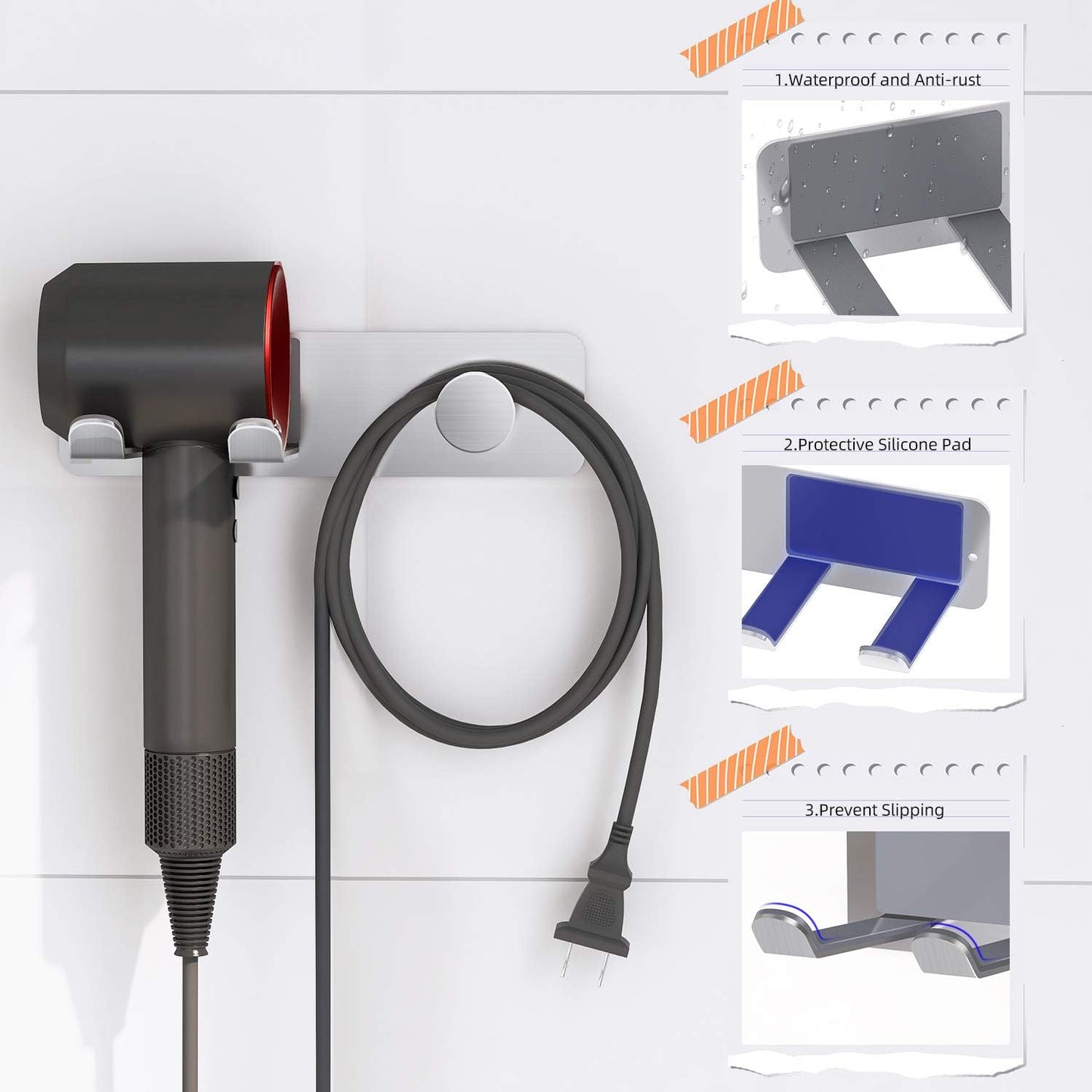 Hair Dryer Holder Wall Mounted, Stainless Steel Self Adhesive Blow Dryer Holder Rack for Dyson Supersonic Hair Dryer,Black