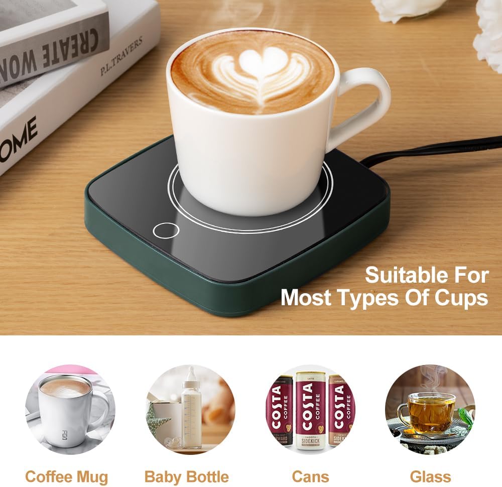 Coffee Cup Warmer 12Hours Auto Shut-Off Mug Warmer with 3 Temperature Setting,Waterproof Tempered Glass Honeycomb Vents 16W Electric Coffee Warmer for Desk Use (Green)