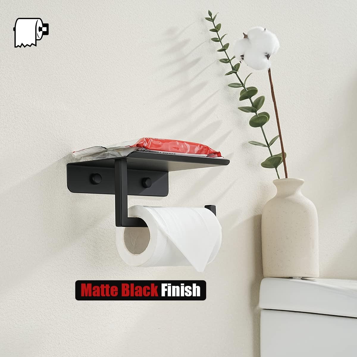 JQK Toilet Paper Holder Shelf, Bathroom Tissue Roll Holder with Phone Shelf, 5 Inch 304 Stainless Steel Tissue Paper Dispenser, Matte Black Wall Mount, TPH202-PB