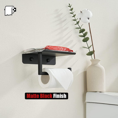 JQK Toilet Paper Holder Shelf, Bathroom Tissue Roll Holder with Phone Shelf, 5 Inch 304 Stainless Steel Tissue Paper Dispenser, Matte Black Wall Mount, TPH202-PB
