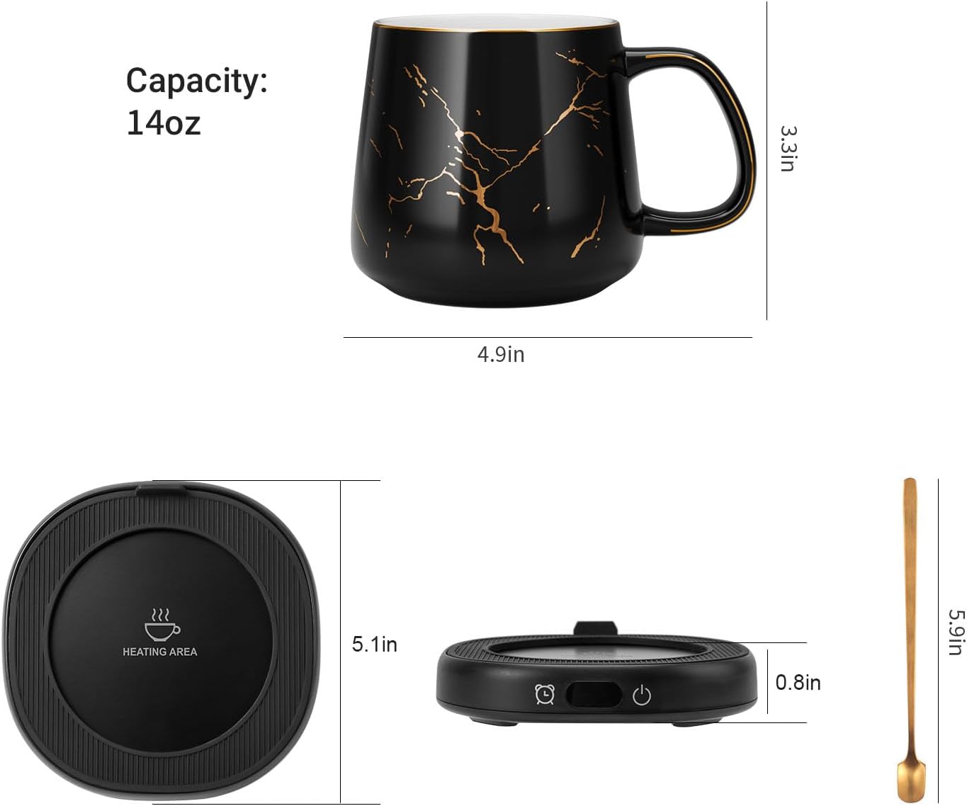 Coffee Mug Warmer & Pure Black Mug Set, Electric Cup Warmer for Desk | Beverage Warmer Plate for Coffee,Tea,4 Temperature Setting,8-Hours Auto Shut Off,14oz Mug with Spoon & Bamboo Lid Included