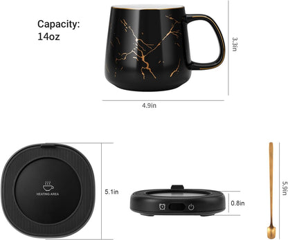 Coffee Mug Warmer & Pure Black Mug Set, Electric Cup Warmer for Desk | Beverage Warmer Plate for Coffee,Tea,4 Temperature Setting,8-Hours Auto Shut Off,14oz Mug with Spoon & Bamboo Lid Included