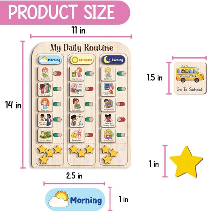 My Daily Routine Chart for Kids 11x14 Inch – Wooden Chore Chart with Morning Afternoon Evening Sections, Visual Schedule Board with Sliding Trackers & Star Reward System for Toddlers