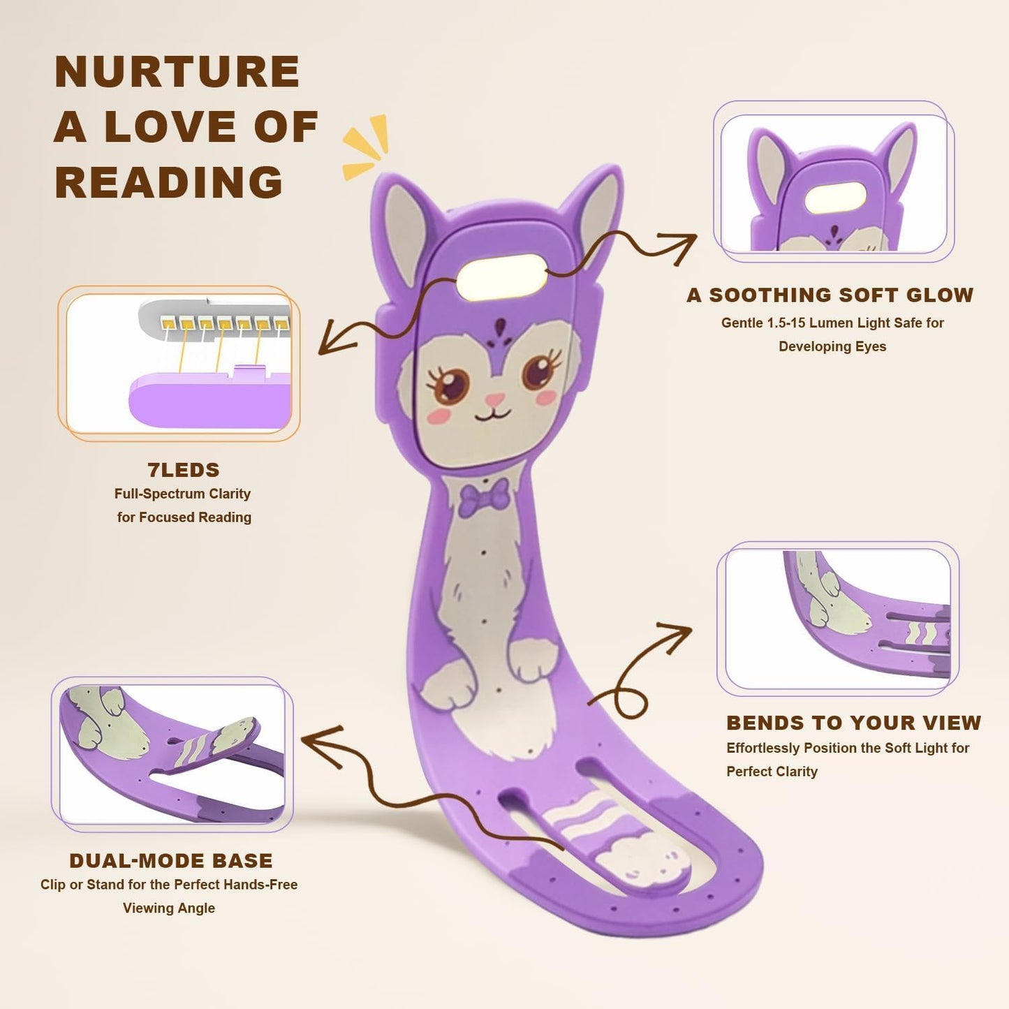 Rechargeable Kids Book Light, Cute Bookmark Reading Light for Kids, Dimmable Portable LED Book Light for Reading in Bed, Eye-Caring Bedtime Reading Lamp for Children & Travel, Brown