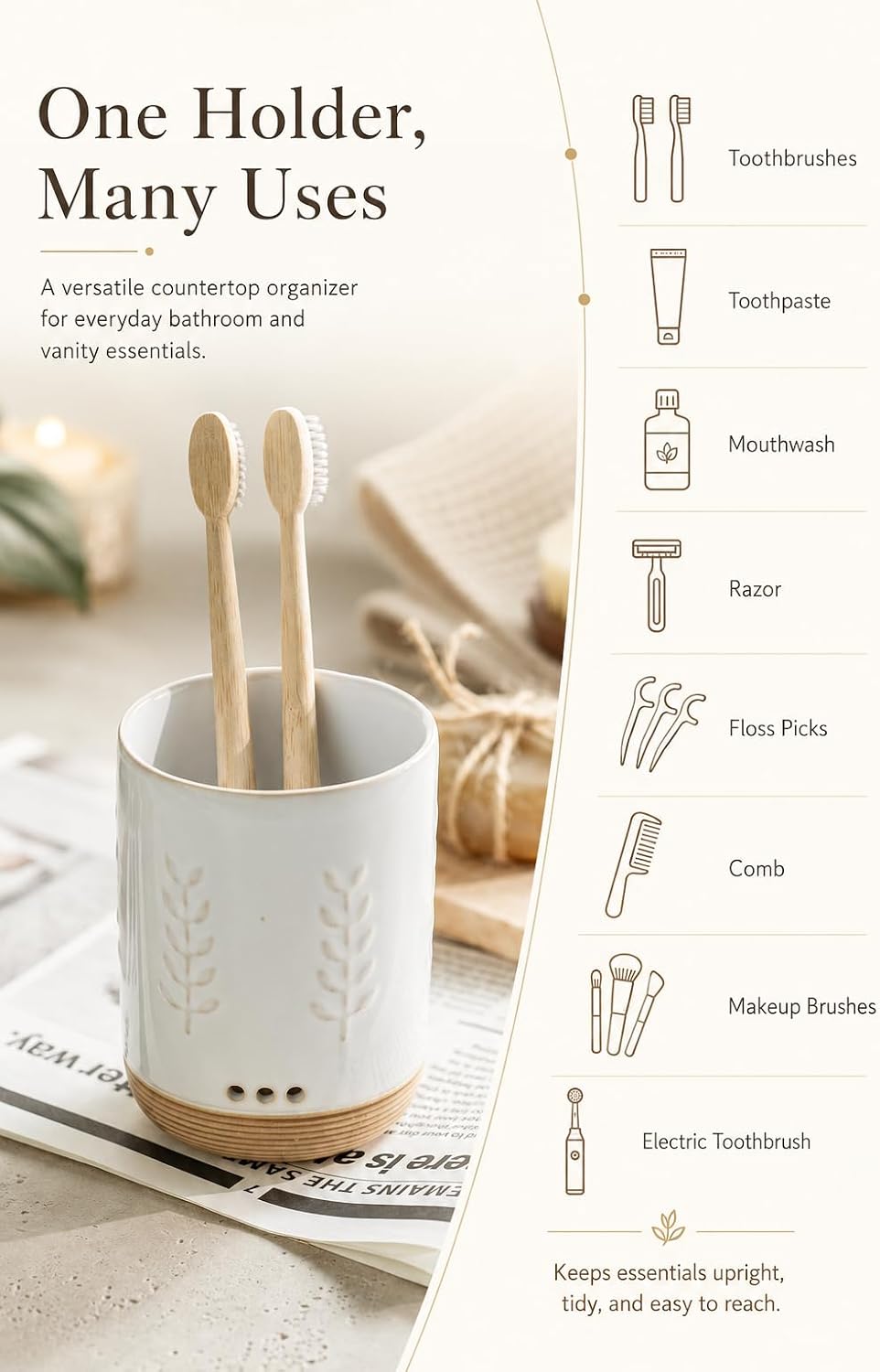 LYEOBOH Ceramic Toothbrush Cup, Cute Toothbrush Holder with Drainage White | Farmhouse Toothbrush Container, Countertop Toothbrush Organizer, Toothbrush Storage for Bathroom Vanity & Countertop