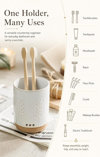 LYEOBOH Ceramic Toothbrush Cup, Cute Toothbrush Holder with Drainage White | Farmhouse Toothbrush Container, Countertop Toothbrush Organizer, Toothbrush Storage for Bathroom Vanity & Countertop