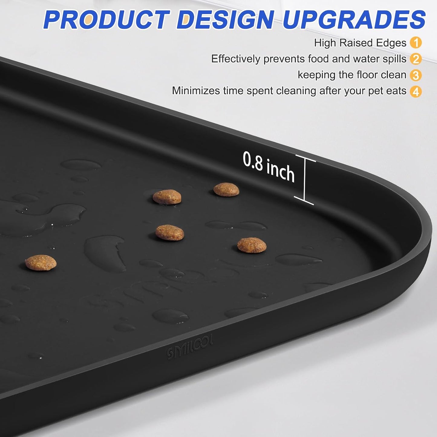 SMILOOL Waterproof Silicone Pet Food Mat with Raised Edge for Dog & Cat | 19" x 12" Non-Slip Pet Feeding Mats with Lip for Food & Water Bowl, Food Grade, Easy Cleaning, Black