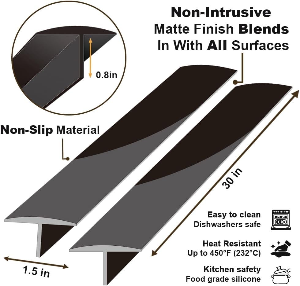Silicone Stove Counter Gap Cover 30 Inch Side Range Gap Filler 2 Pack Black | Extra long kitchen stove gap covers, 0.2-1 inch gap, heavy 10 oz, cut to size, oven crack guards between stove and counter