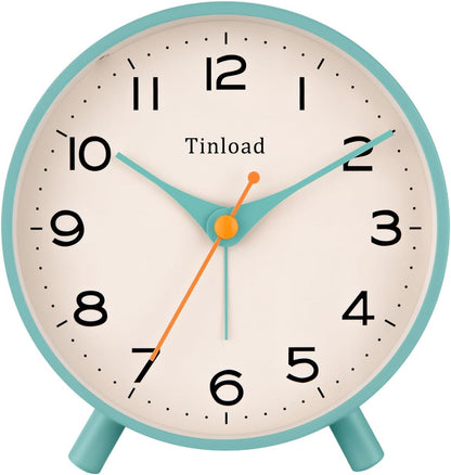 Tinload 4.5" Battery Operated Analog Alarm Clock, Small Silent Bedside Desk Clock with Night Light, Blue