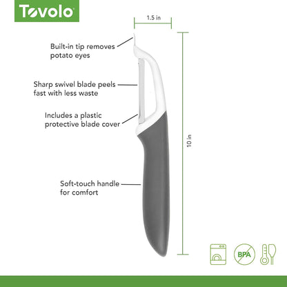 Tovolo Vegetable Peeler with Ultra Sharp Stainless Steel Swivel Blade Non Slip Handle, Multi Functional Dishwasher Safe Kitchen Wide Ribbon Potato Peeler for Fruit Veggies Carrots Apples, Oatmeal