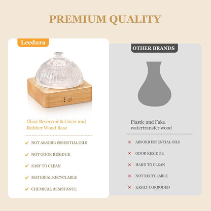 Lecdura Glass Essential Oil Diffuser with Glass Reservoir & WoodBase, 200ml Ultrasonic Lock Color Timer Auto-Off 7 Color Light Aroma Glass Dome Diffuser for Home Office Bedroom Yoga