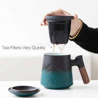 ZENS Tea Mug with Infuser and Lid for Loose Leaf Tea Steeper, 16.9oz Moss | Embossed Ceramic Tea Cup with Infuser for Herbal Tea Difussers, Tea Lovers Gifts, Nature Wood Handle