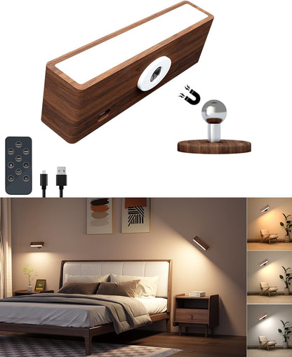 DetarZinLED Wall Lights Battery Operated Wooden,Magnetic Wall Sconces Rechargeable,Adhesive Wall Lights for Bedroom,Dimmable Wall Mounted Bedside Lamp,Cordless Battery Wall Sconce for Bedroom Reading
