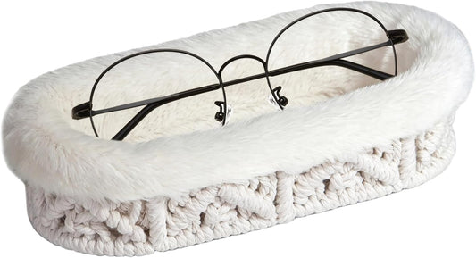 Glasses Holder, Anti-scratch Plush Lined Eyeglass Holder Stand | Oval Eye-glasses Storage Organizer Case for Nightstand, Office Desk, Bedside Table, Beige