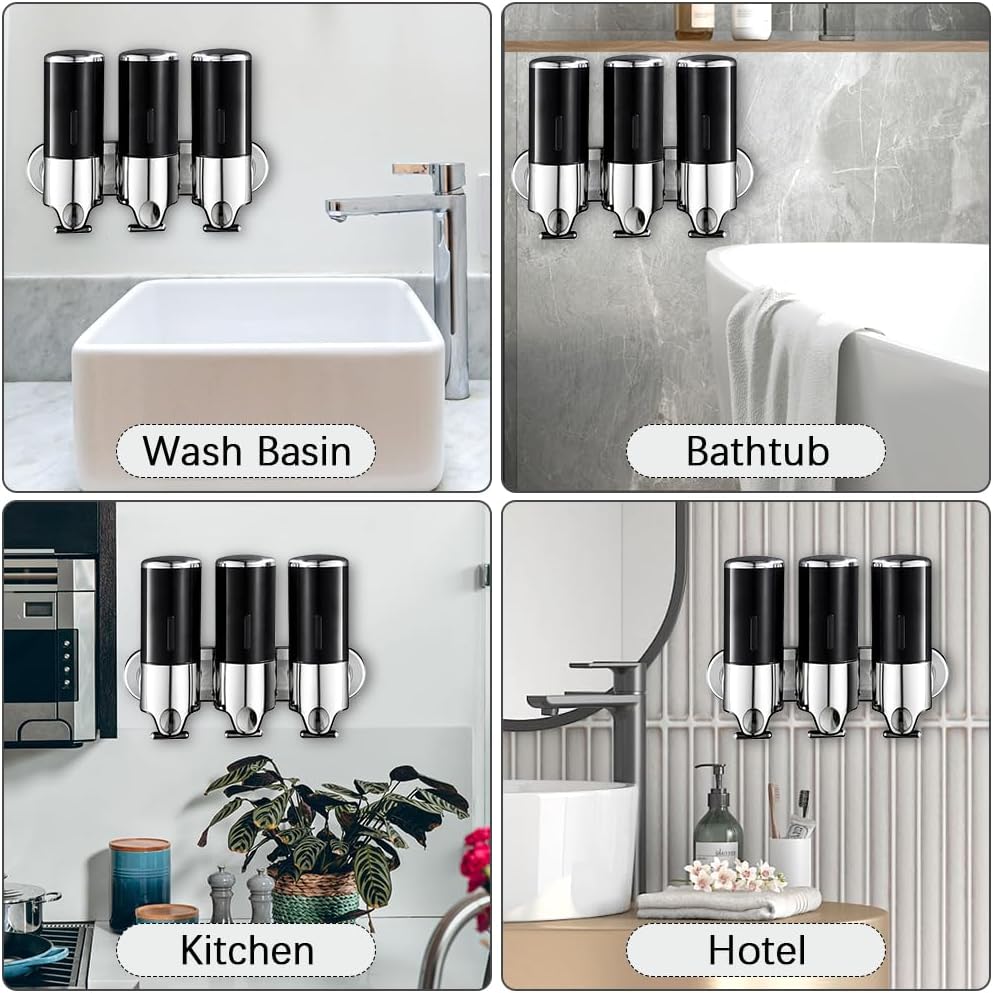 3 in 1 Chamber Wall Mounted Shampoo and Conditioner Dispenser (Silver) | No Drill Shower Soap Dispenser for Bathroom & Hotel Leak-Proof Pumps, Easy Installation and Large Capacity
