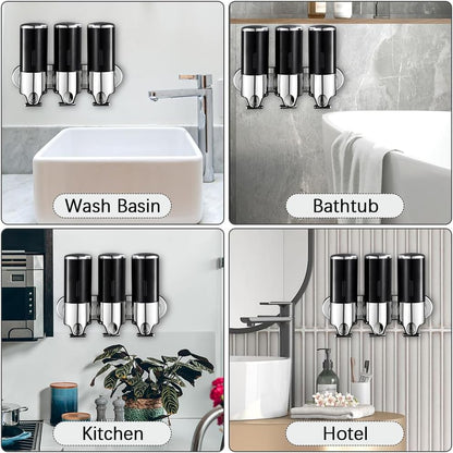 3 in 1 Chamber Wall Mounted Shampoo and Conditioner Dispenser (Silver) | No Drill Shower Soap Dispenser for Bathroom & Hotel Leak-Proof Pumps, Easy Installation and Large Capacity
