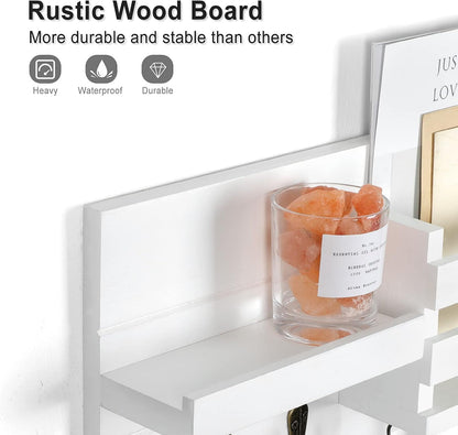 Lwenki Mail Organizer for Wall Mount – Key Holder with Shelf Includes Letter Holder and Hooks for Coats, Dog Leashes – Rustic Wood with Flush Mounting Hardware (16.5” x 8.7” x 3.5”)