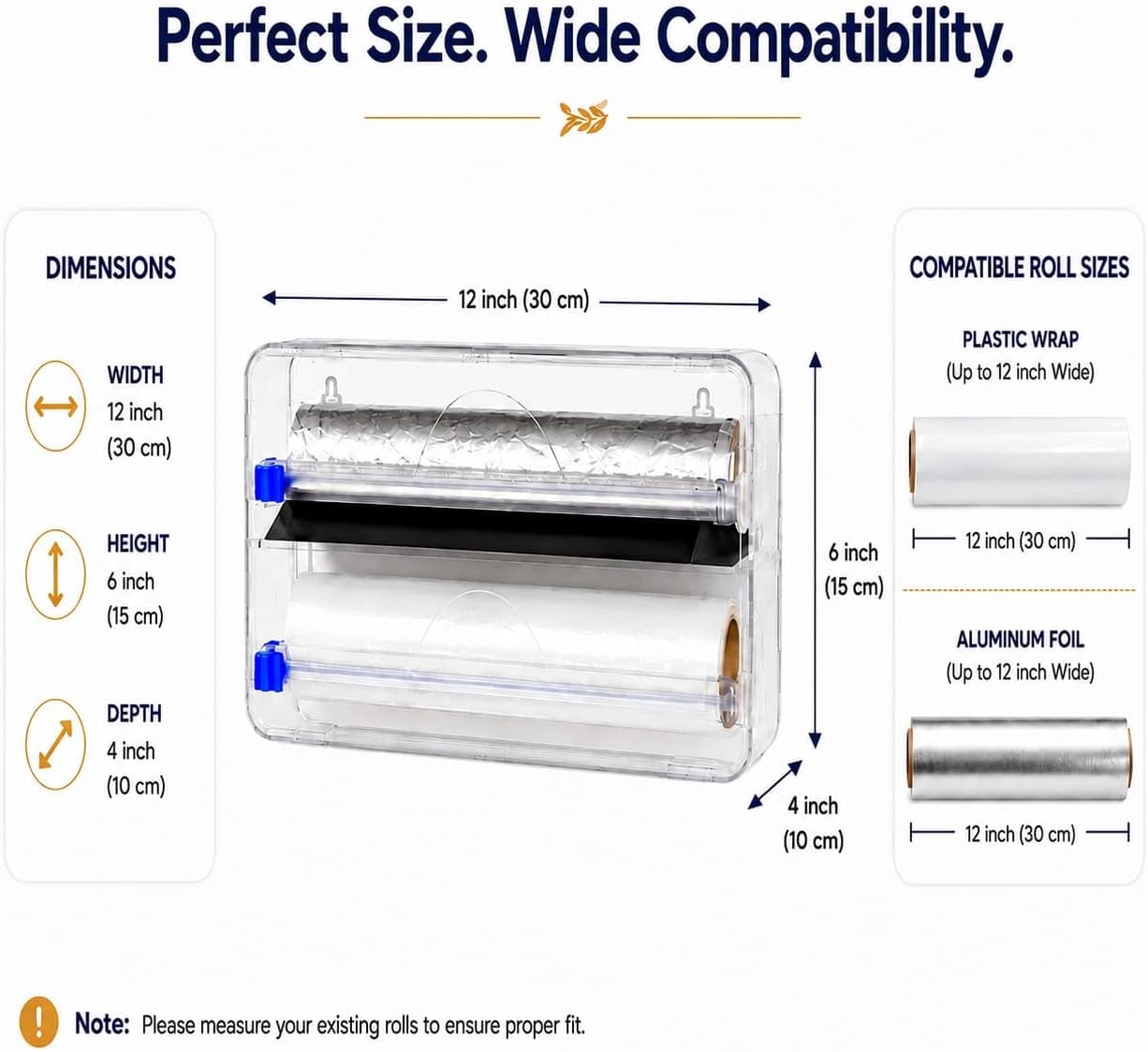 2in1 Plastic Wrap Dispenser with Cutter, Wall Mounted Plastic Wrap Dispenser with 2 Adhesive Hooks, 12 inch Clear Foil Dispenser with Cutter for Foil, Cling Wrap & Wax Paper for Easy Storage