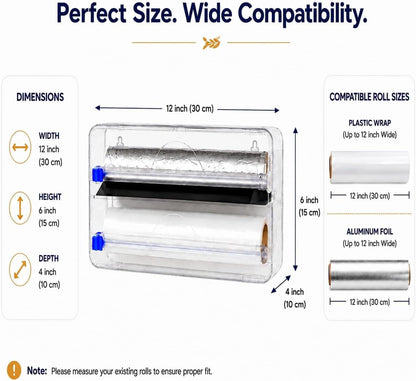 2in1 Plastic Wrap Dispenser with Cutter, Wall Mounted Plastic Wrap Dispenser with 2 Adhesive Hooks, 12 inch Clear Foil Dispenser with Cutter for Foil, Cling Wrap & Wax Paper for Easy Storage