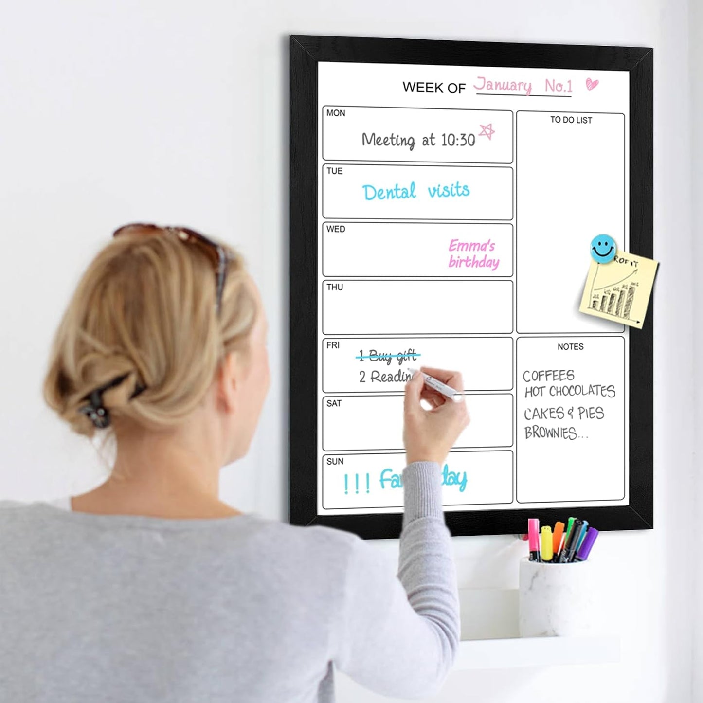 Weekly Dry Erase Whiteboard Calendar, 15.7"x11.8" Magnetic Surface Memo Board, Minimal Design Weekly Planner for Wall, Black Wood Frame Dry Erase Board for Office School Home(ZLBB-S-BK-2636)