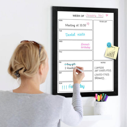 Weekly Dry Erase Whiteboard Calendar, 15.7"x11.8" Magnetic Surface Memo Board, Minimal Design Weekly Planner for Wall, Black Wood Frame Dry Erase Board for Office School Home(ZLBB-S-BK-2636)