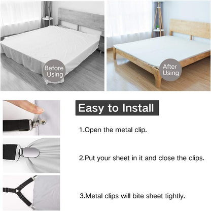 Foloda Sheet Holders, 4 pcs Adjustable Bed Sheet Straps, Fitted Sheet Holder Clips Fasteners Suspenders Gripper Locker Scrunchie for Bed Mattress Corners, Keep Sheet Firm Tight