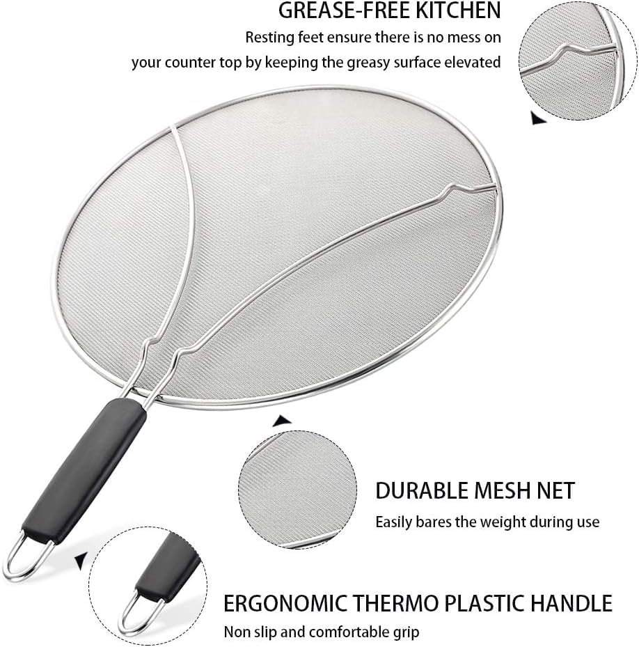 13"Larger Stainless steel splatter guards for frying pan with thermo plastic handles" Keep your kitchen safe & clean by this grease splatter screen!"-Say Goodbye to Oil Splatters!"